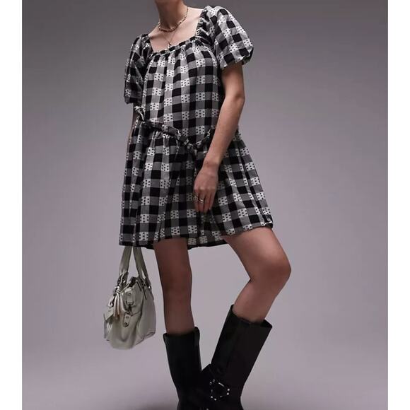 Topshop Dresses & Skirts - Topshop MINI DRESS Check Dobby Chuck Paid | Black & White, Sz 12